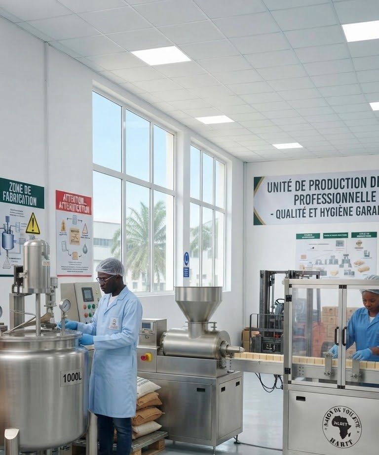 Atelier de production de savon avec une cuve inox de 1000 litres, une boudineuse et une ligne de découpe