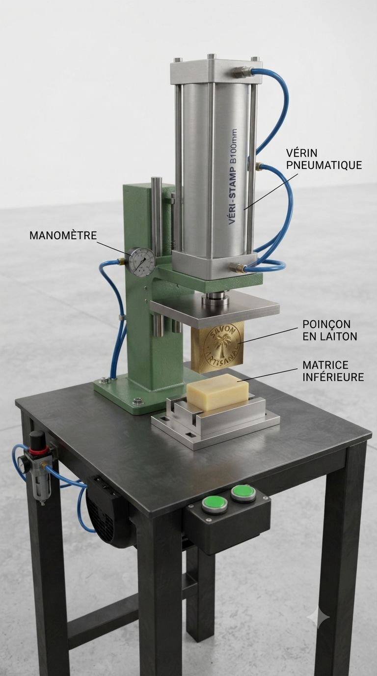 Estampeuse pneumatique de table avec vérin, poinçon en laiton et matrice inférieure